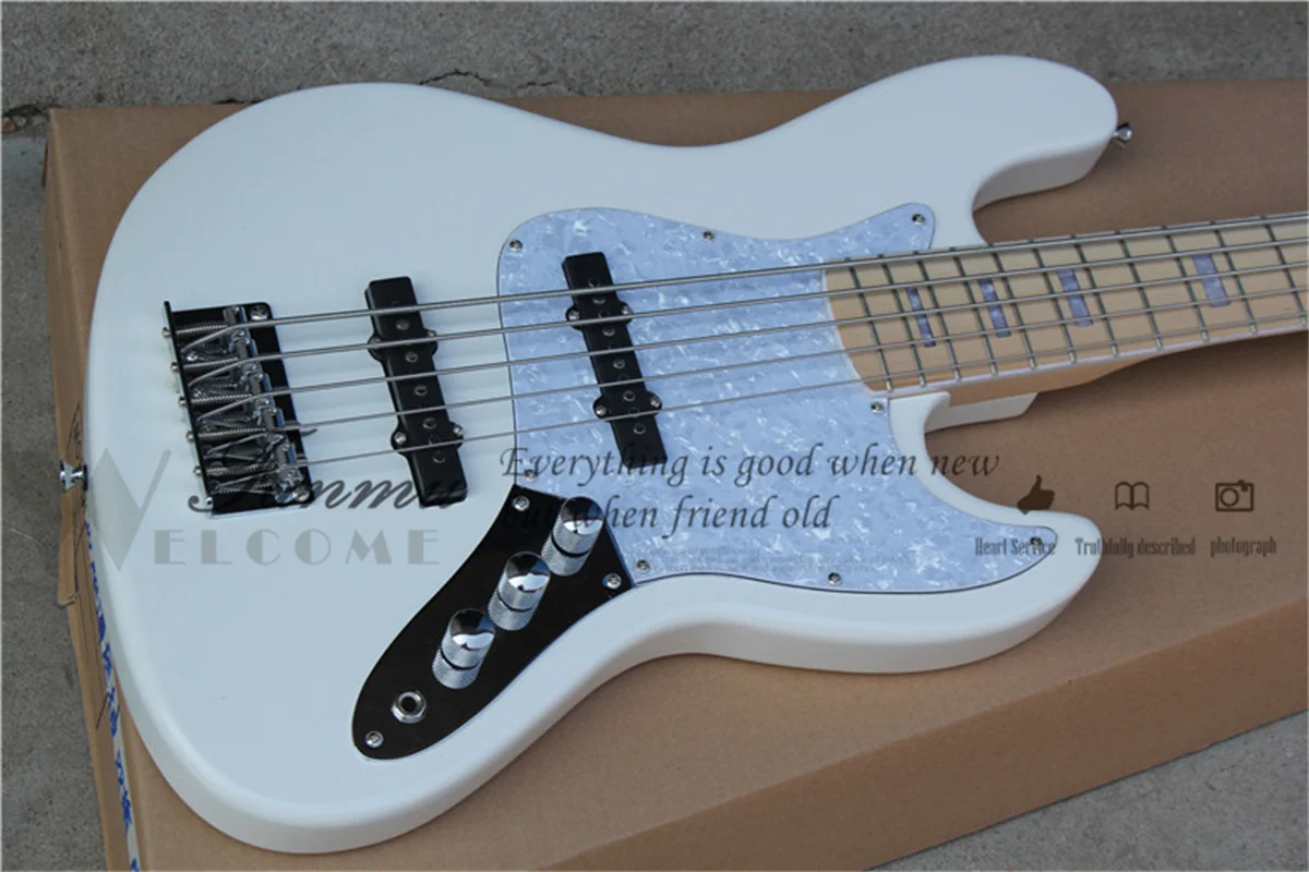 5 String White Bass Guitar Jaz Bass Basswood Body Maple Neck White Pearl Pickguard Head White