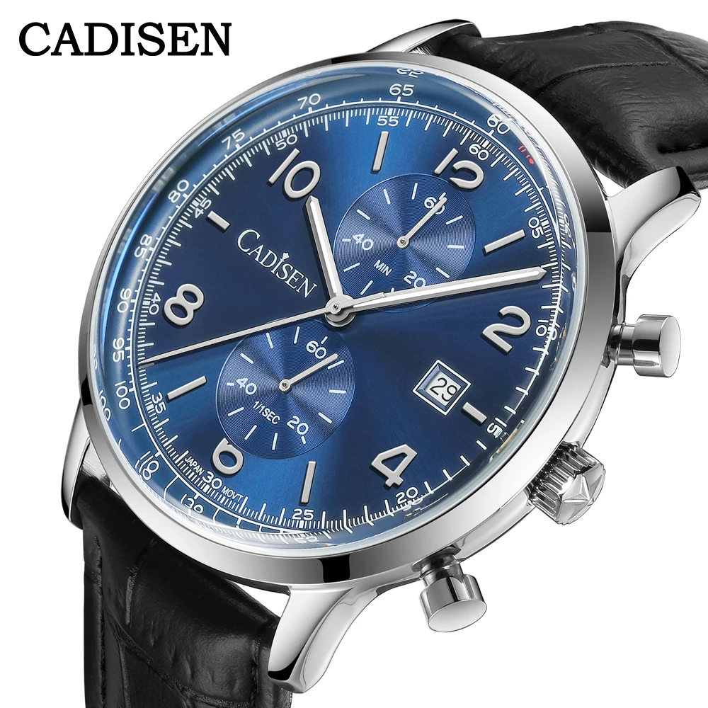 CADISEN Quartz Watch Men Luxury Brands Chronograph MIYOTA 0S11 Movement Sunburst Salmon Dial AR Coated Glass Waterproof Watches
