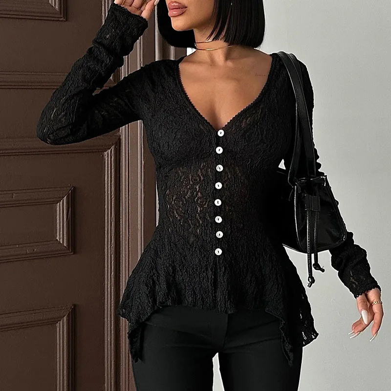 

Elegant Embroidery Mesh Slim Top Blusa Sexy Deep V-neck Button Cardigan Blouse Women Casual Flared Long Sleeve Solid Color Shirt