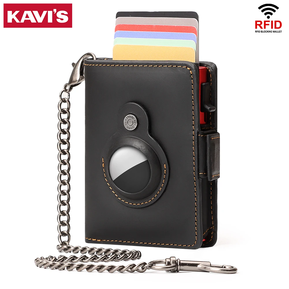 New Fashion Pop-up Card Holder Crazy Horse Leather AirTag Wallet for Women RFID Blocking Metal Cardcase with Anti-theft Chain