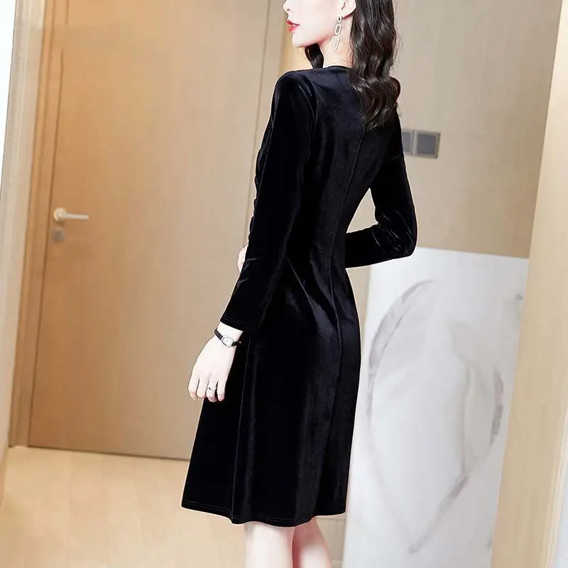 Spring Autumn New Women\'s Solid Color V-Neck Pleated Dress Elegant Fashion Shrink Your Waist and Appear Thin Long Sleeve Tops