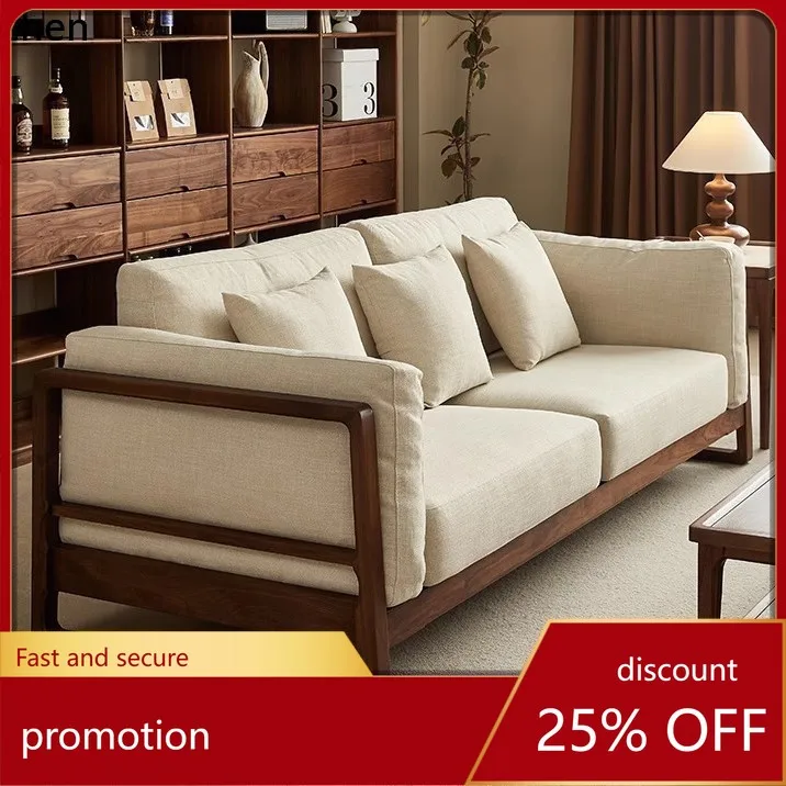 

CZ Black Walnut Wood Three-Seater Solid Wood Sofa, Natural Wood Living Room Furniture, Fabric Sofa