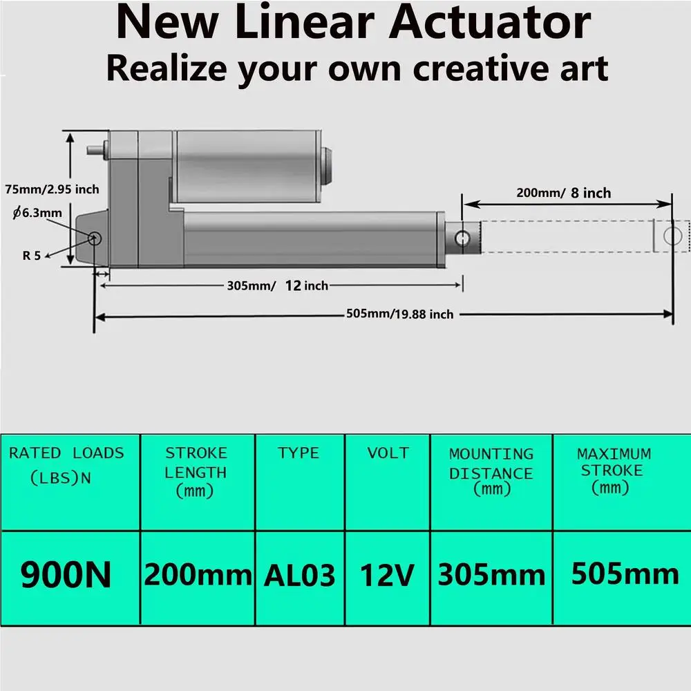 Atuador linear resistente 8 polegadas 202Lbs DC 12V Kit de interruptor remoto do motor