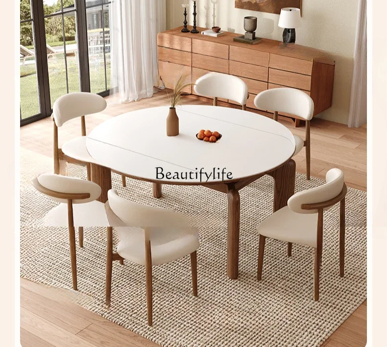 

Medieval ash wood retractable dining table walnut square and round dual-purpose rock slab dining table