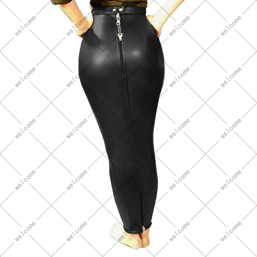 Sexy Female Women PU Leather High Waist Full Zip Lockable Bodycon Sissy Hobble Pencil Skirts Long Skirt Erotic Fetish Elegant