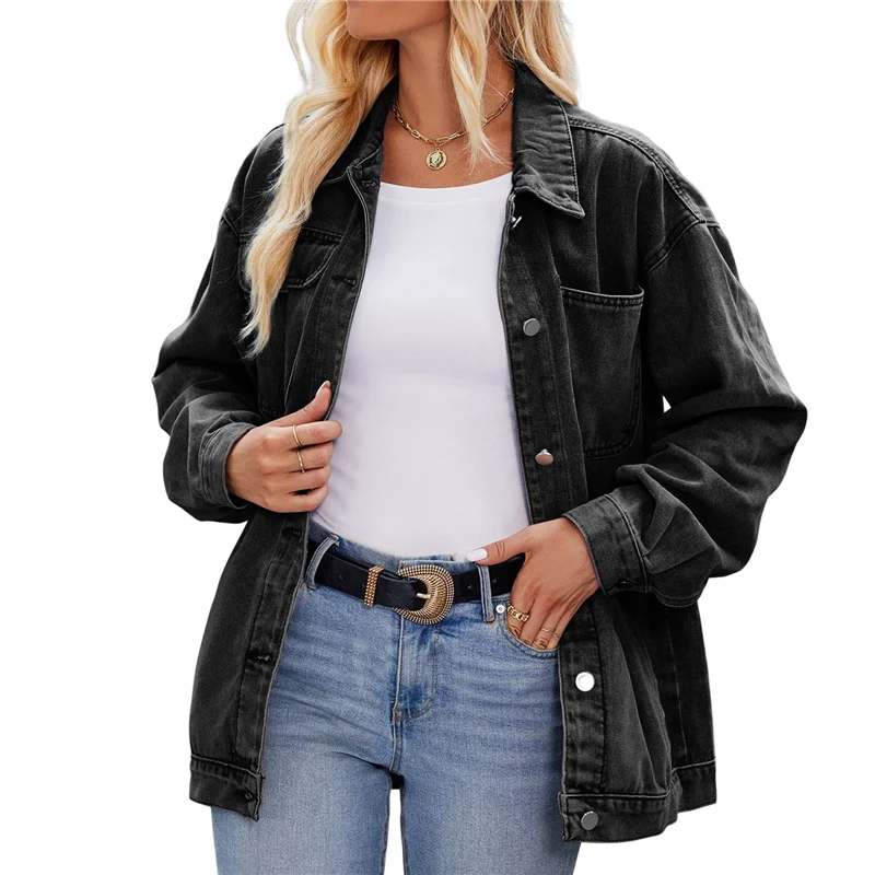 ABAH-여성 캐주얼 긴 소매 라펠 버튼 아우터웨어 루즈 보이프렌드 스타일 재킷 패션 데님 재킷 블랙 & 그레이 L