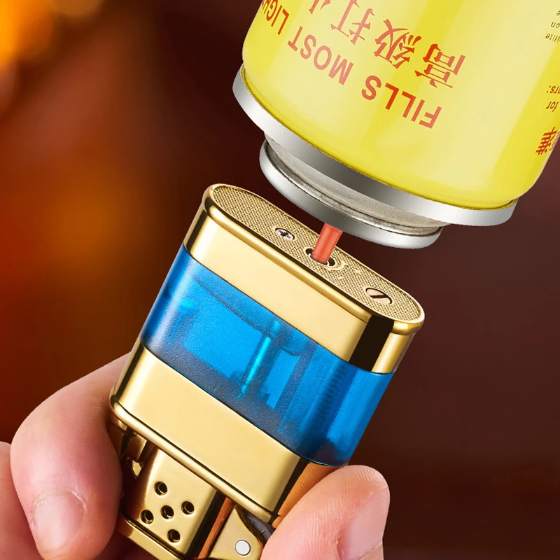 New unusual lighter transparent window grinding wheel ignition open flame lighter retro metal inflatable lighter birthday gift