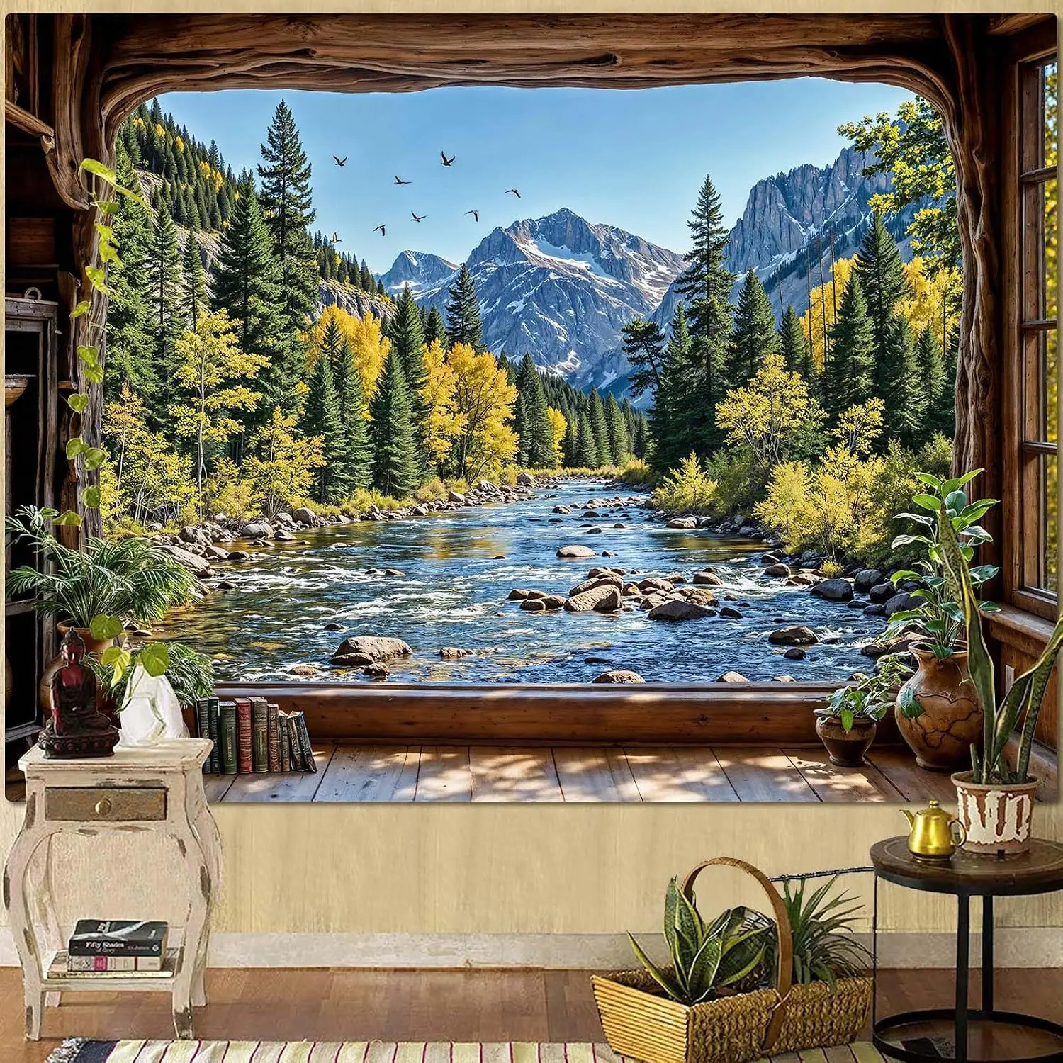 Huge Landscape Tapestry Mountain River Forest Wall Decor Rustic Nature Bohemian Boho Wall Art Print 150x300cm