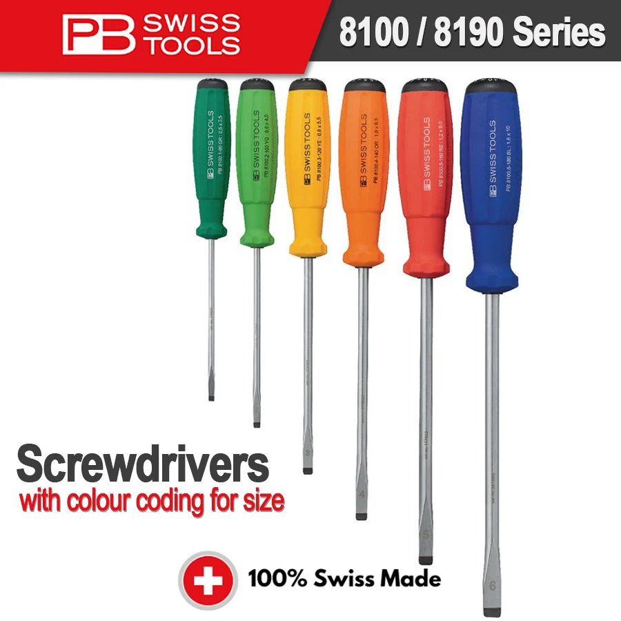 

PB SWISS-SwissGrip Screwdrivers for Slotted Screws Muti-color With Color Coded by Handle Size 8100 / 8190 Series