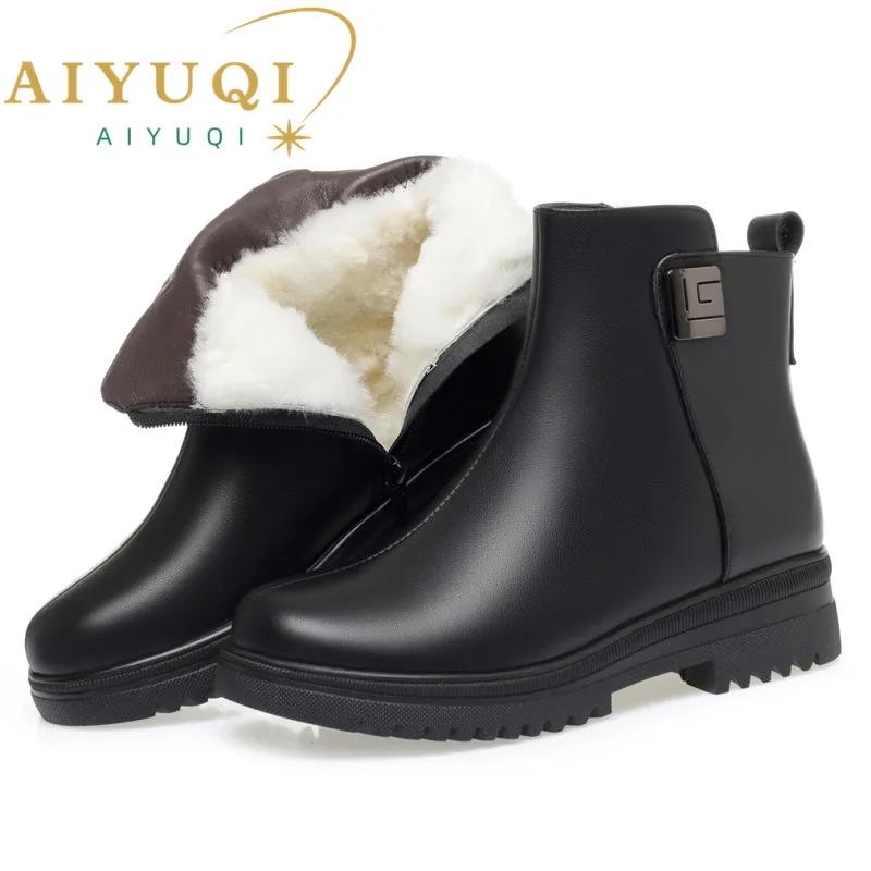 AIYUQI Women's Winter Boots Genuine Leather 2024 New Wool Warm Women's Ankle Boots Large Size Non slip Mom Snow Boots Women