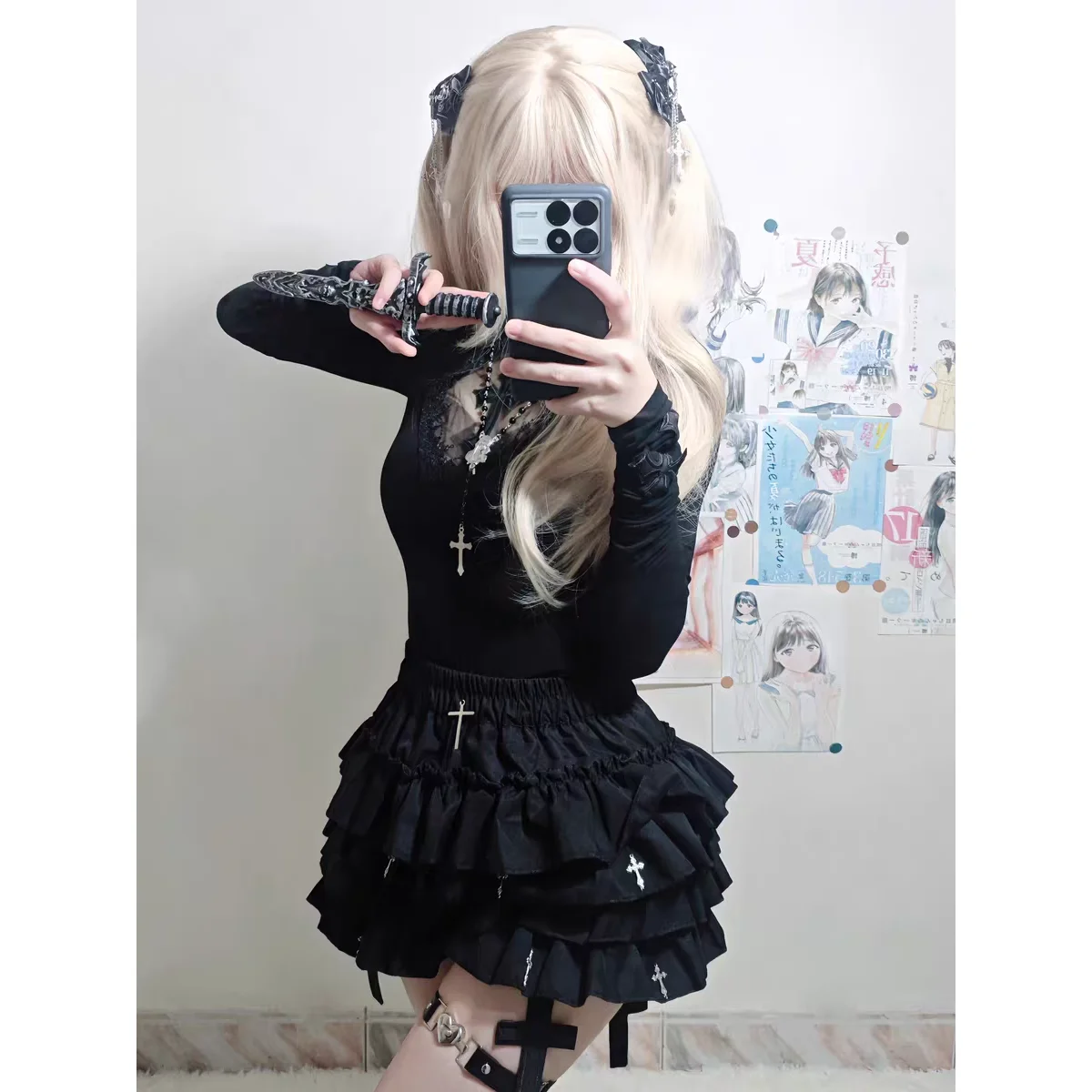 

2025 summer dark punk cross skirt female Yabi Halloween costume slim slim slim A-word skirt student