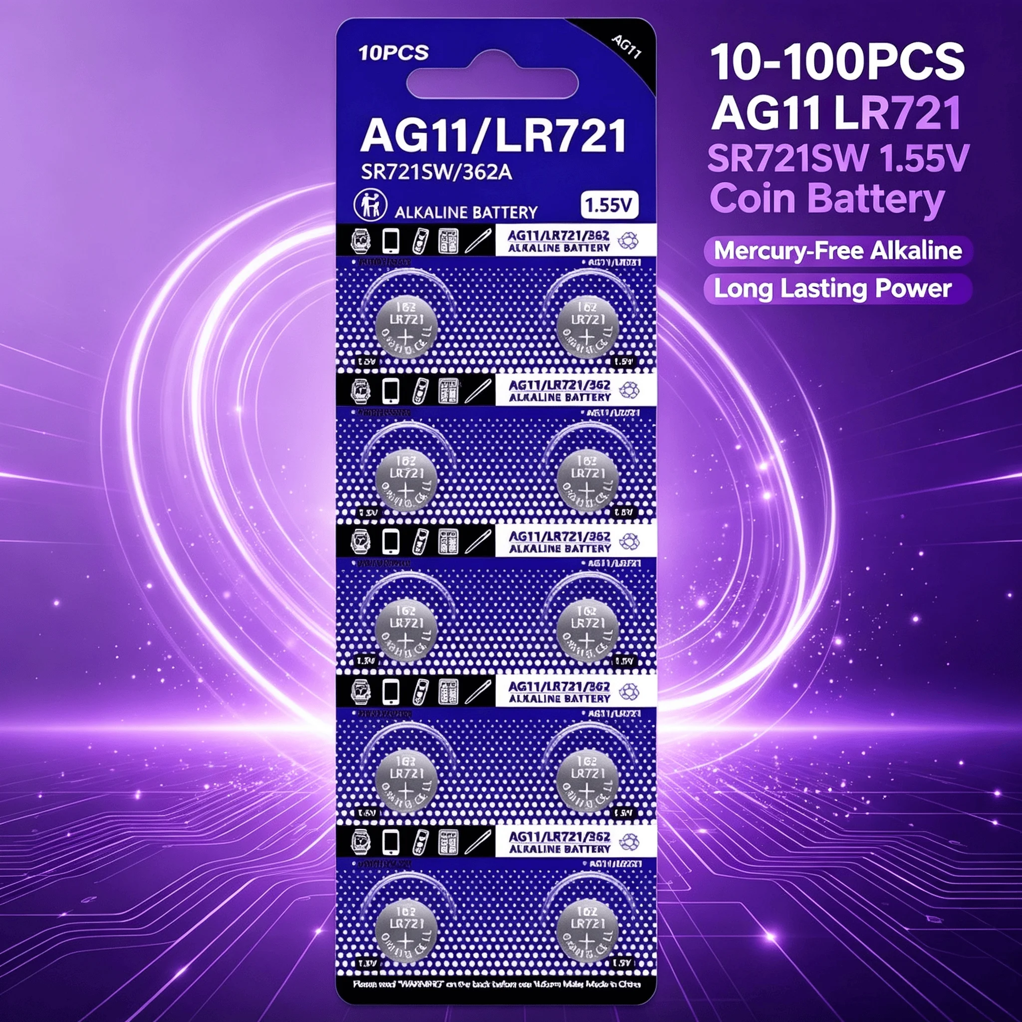 10‑100PCS AG11 LR721 SR721SW 1.55V Mercury‑Free Alkaline Coin Battery For Watch Calculator Mini Electronic Toys