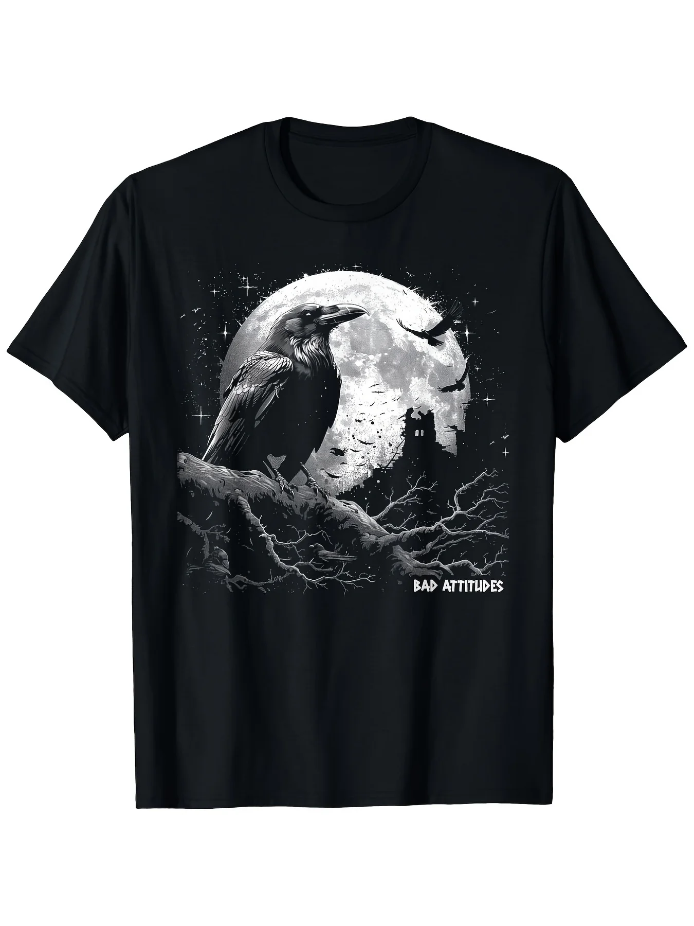 Men's Women's Gothic Raven Dark Art T-Shirt-   Sm Heavyweight Grunge Aesthetic Tee with Crow Moon Raven Skull Print, Round Neck Short Sleeve Casual Shirt for Year-Round Wear(Gothic Outfit), PLUS SIZE