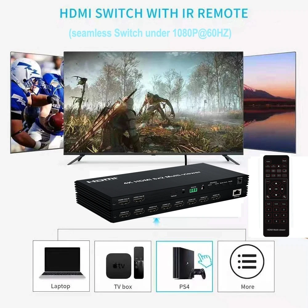 Multivisor HDMI de 8x2 con pantalla Dual 4K, multivisor HDMI de 8 entradas y 2 salidas, conmutador continuo, compatible con subtítulo PIP con salida óptica y de 3,5mm