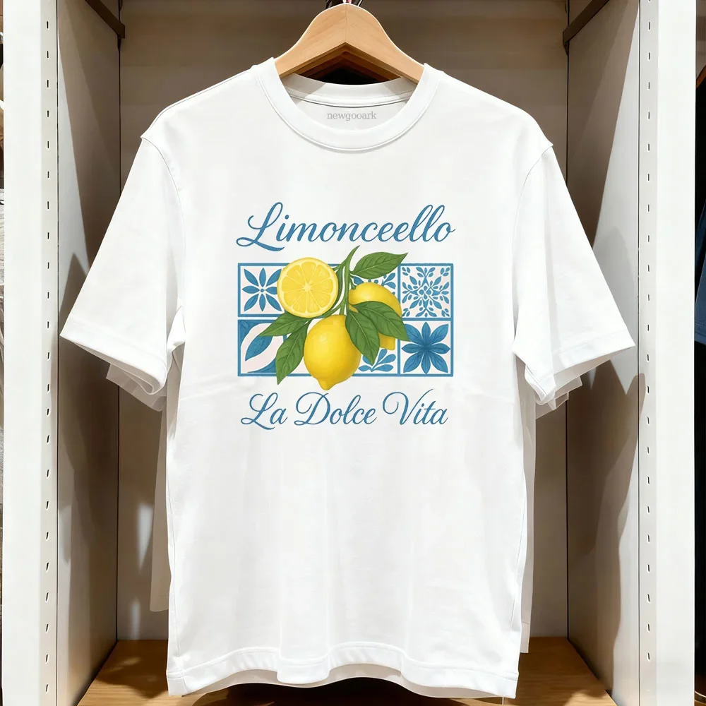 Limoncello Italy TShirt Women Tomato Girl Aesthetic Blue Tile Lemon Graphic Tee La Dolce Vita Mediterranean Summer Vacation Tops