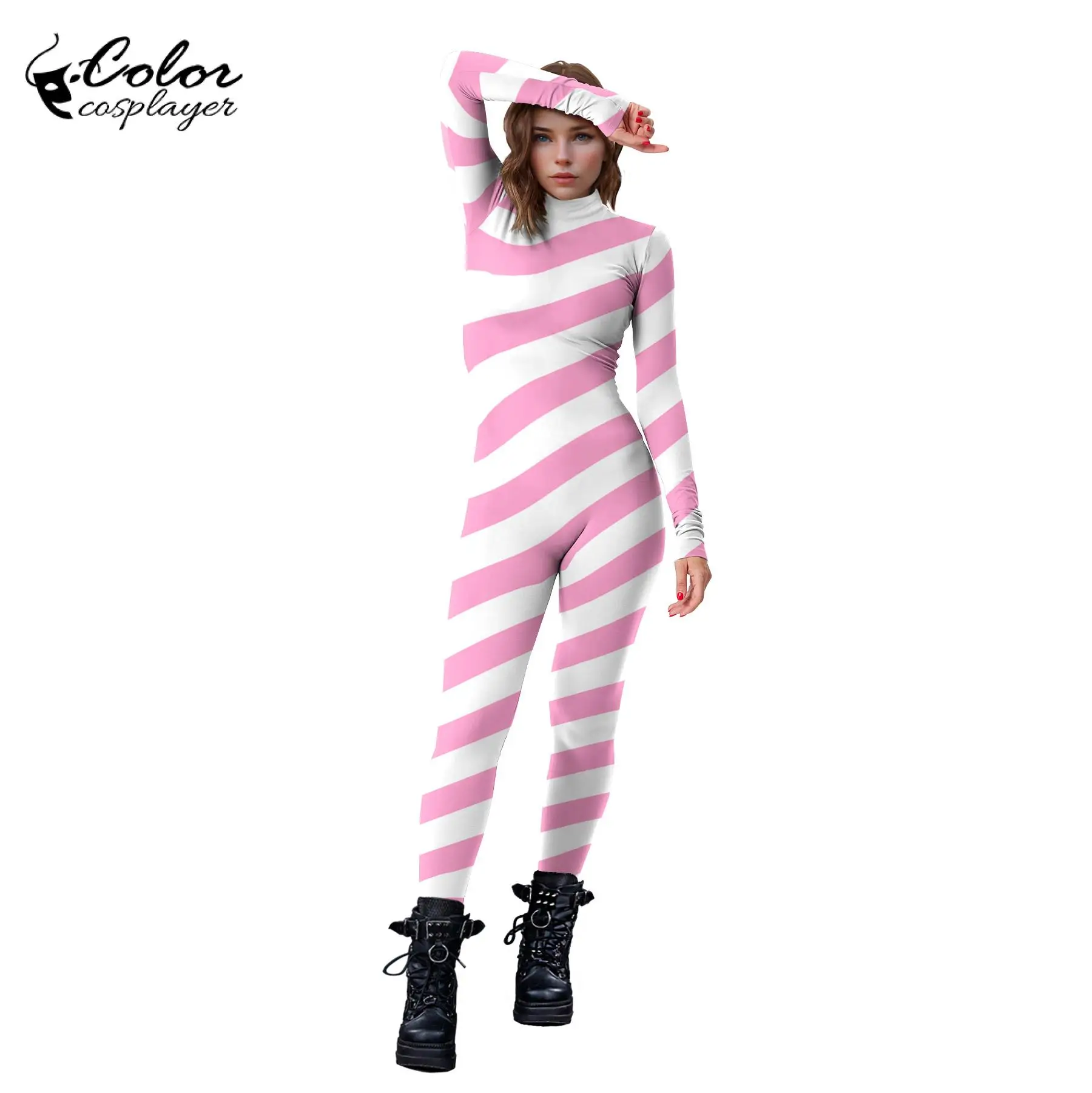 Color Cosplayer Pink Candy Cane Jumpsuit Stripe Cosplay Costume Halloween Outfit Festival Xmas Bodysuit Christmas Party Zentai