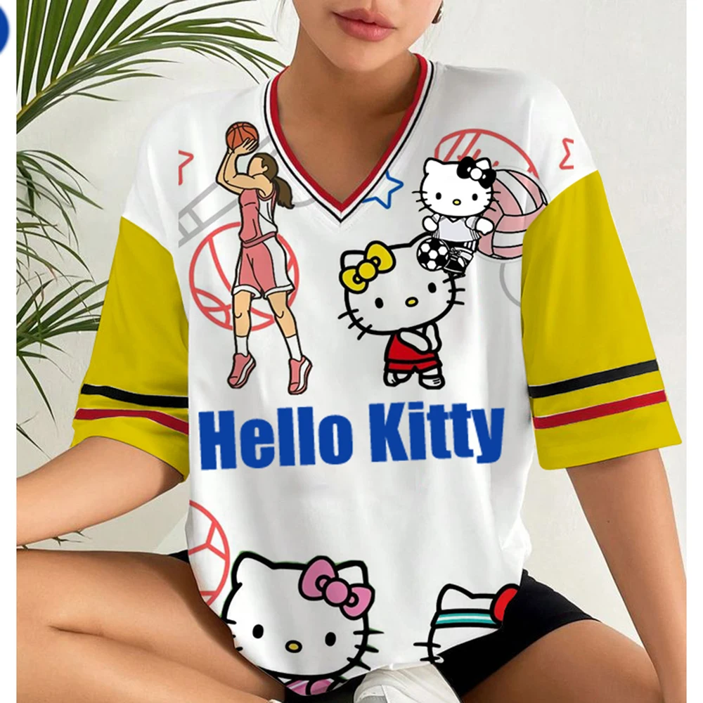

Oversized T-shirt For Women V-Neck Short Sleeve Summer Hello Kitty print 10 Printed Streetwear Tops Casual Football Jersey Y2k