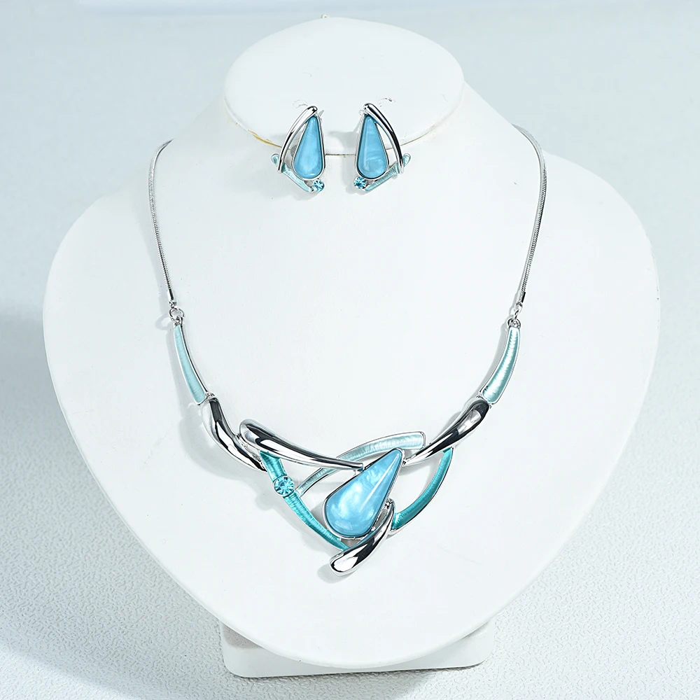 

ICEYY Silver Plated Turquoise Water Drop Resin Bohemian Collar Necklace Earrings Women jewelry Set