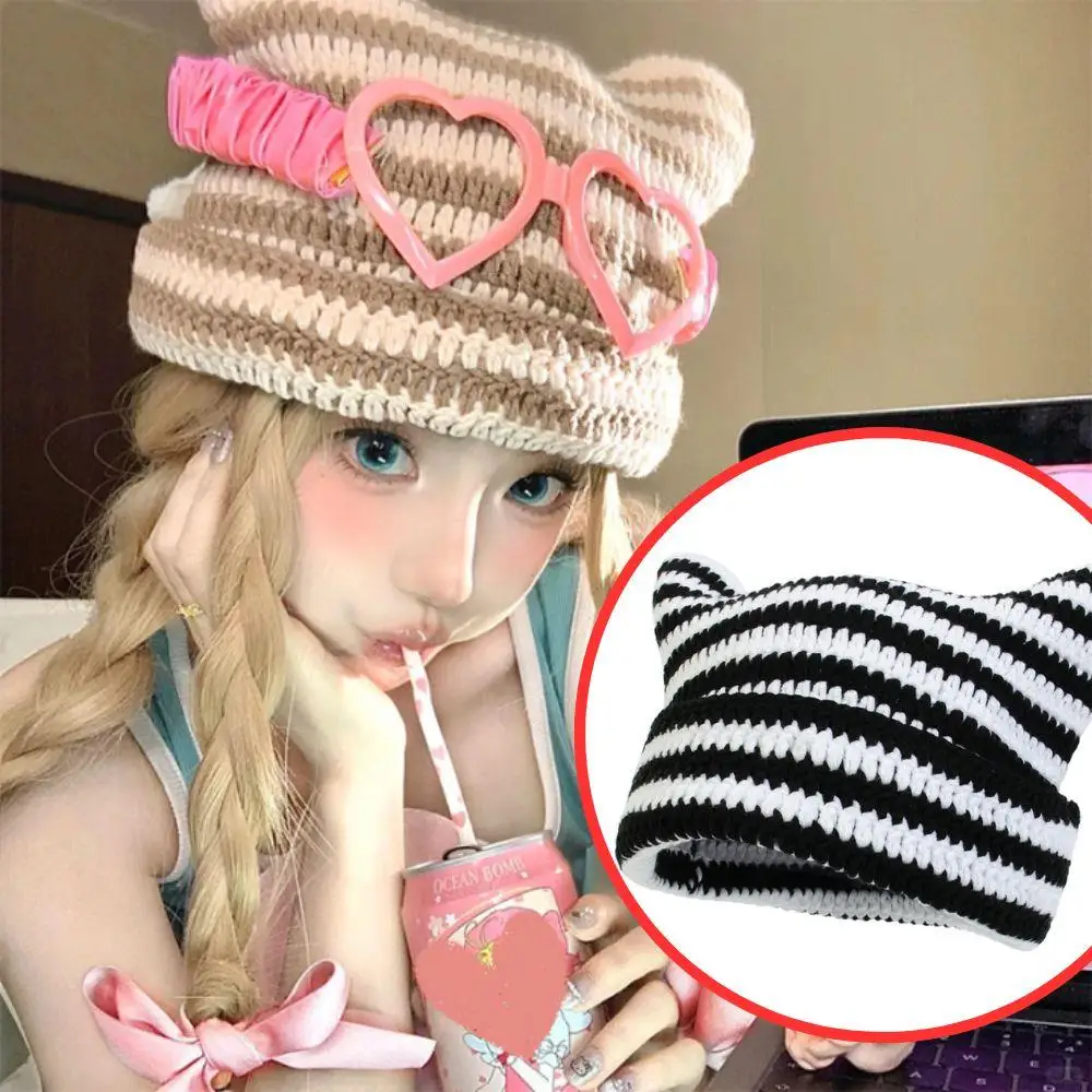 

Cute Cat Ears Beanie Hats For Women Winter Striped Korean Punk Gothic Y2K Wool Knitted Streetwear Handmade Crochet Bucket Cap