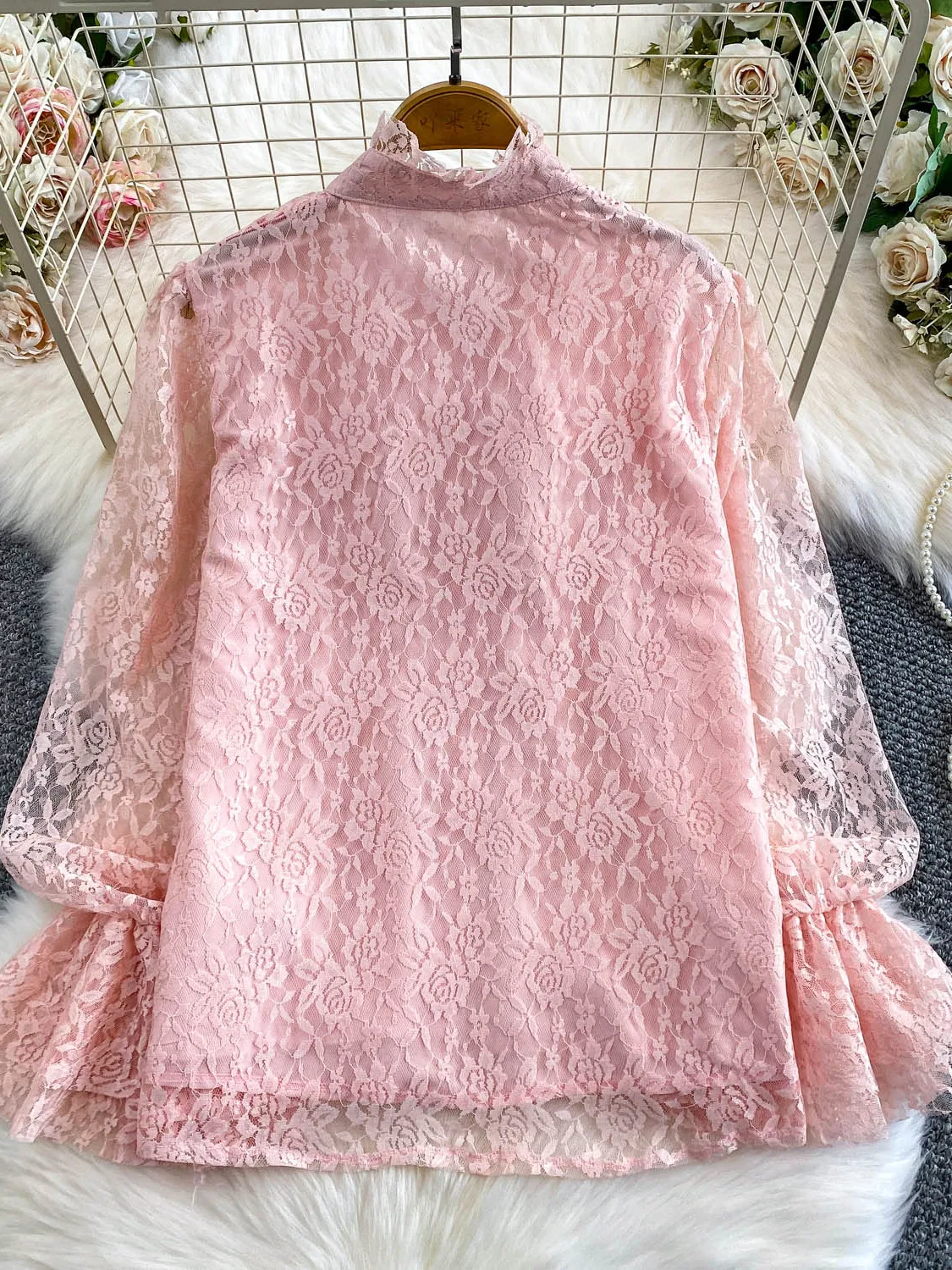 لطيف نسيم الوردي الدانتيل الوقوف طوق جرس Sve irt المرأة الخريف الشتاء تنوعا الشباب هملين الأعلى الفرنسية Sle Loos...