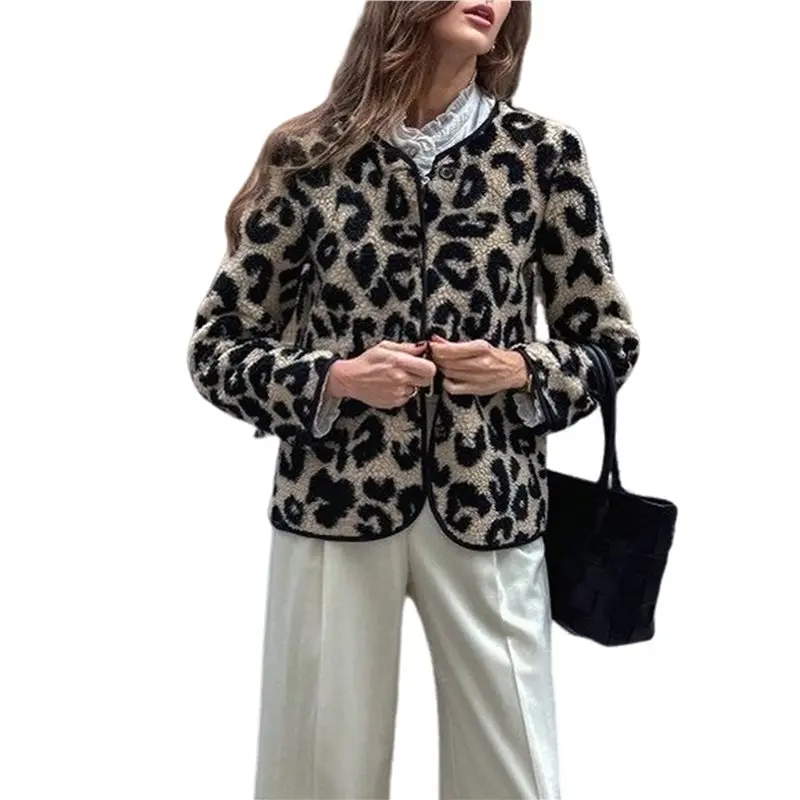 Women Leopard Fuzzy Fleece Coat Collarless Button Down Winter Crop Jacket Leopard Print Color S Eco-Friendly