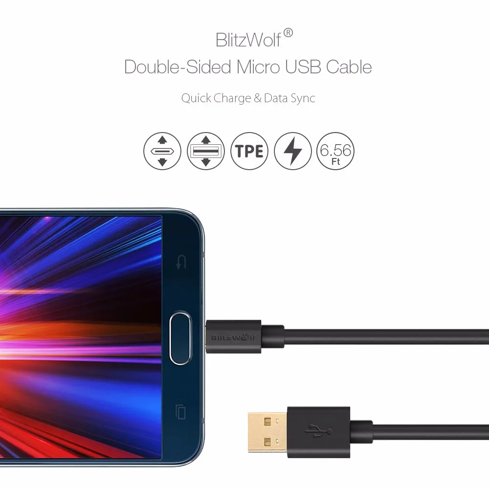 Blitzwolf สายเคเบิลพีวีซี2ม. แบบกลับด้านได้สำหรับไมโคร USB