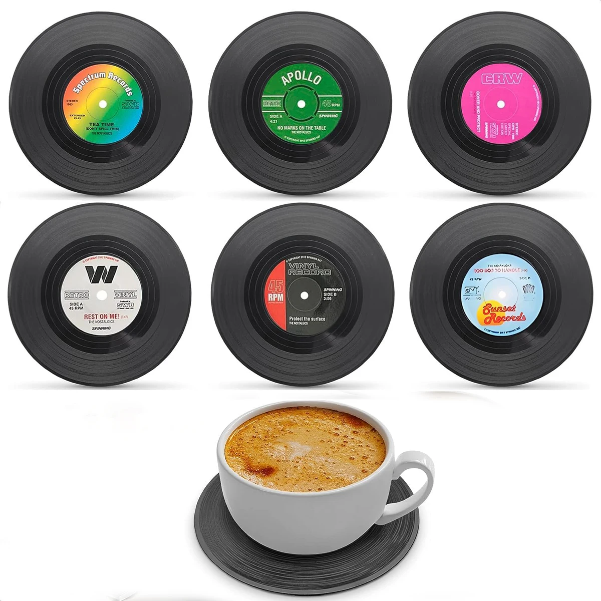 

Set of 6 Colorful Retro Vinyl Record Disk Coasters for Drinks Vinyl Record Coaster Set Coffee Table Decor