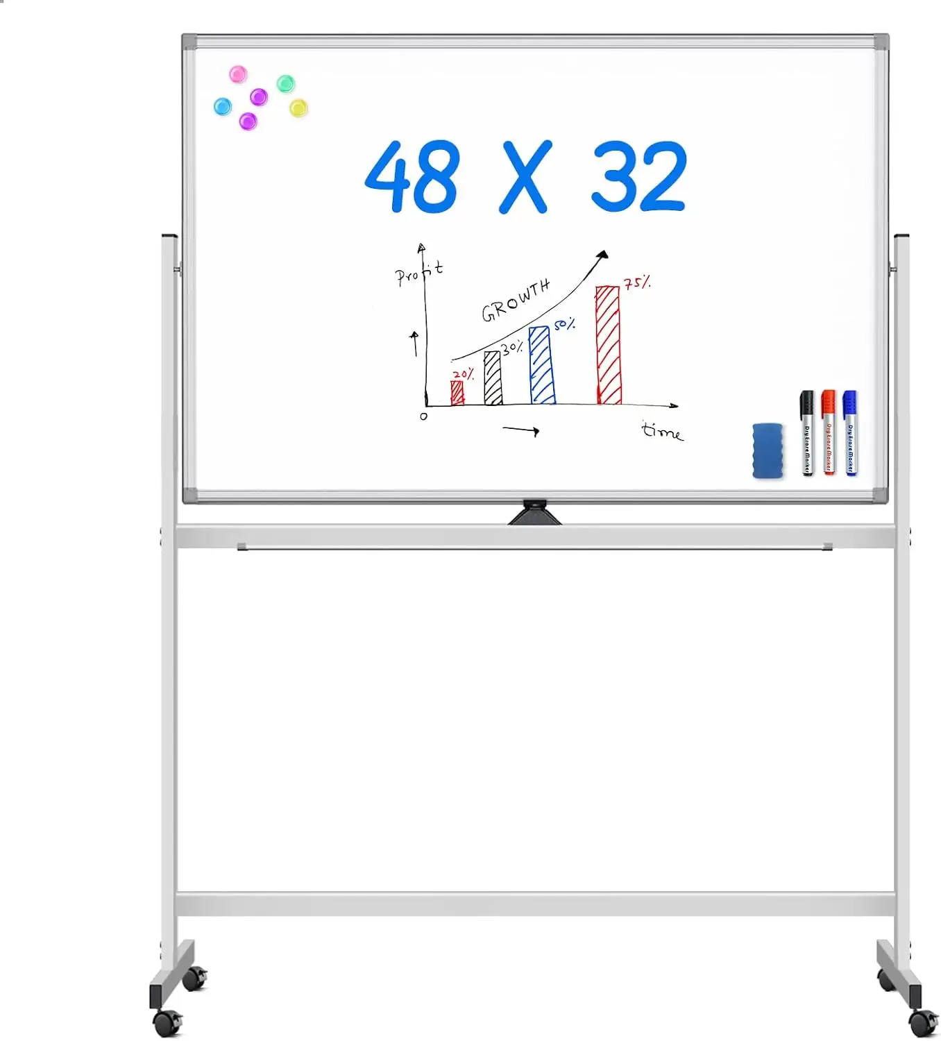

Двусторонняя магнитная доска для сухого стирания 48x32 дюйма на колесиках с подставкой, алюминиевая рама для офиса, класса, дома