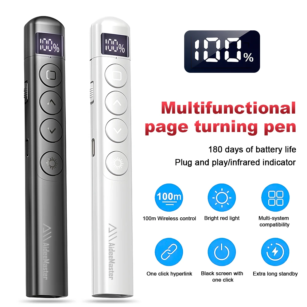 Wireless Presenter Red Laser Page Turning Pen 2.4G Volume Remote Control PPT Presentation USB PowerPoint Pointer Mouse