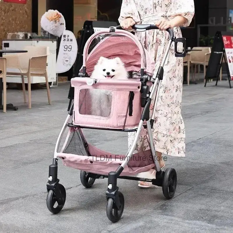 With Dog Lightweight Basket Pet Foldable Cart Stroller Detachable For Outdoor Travel Going Out Stroller Puppy And Cat Trolley