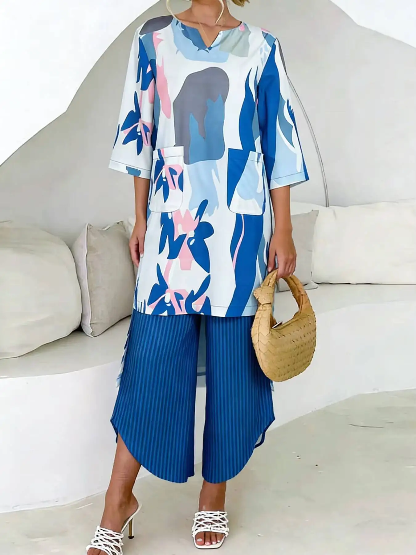 

Women's Two Piece Set Abstract Floral Print Half Sleeve Top Striped Wide Leg Pants Spring Summer Casual Vacation Outfit