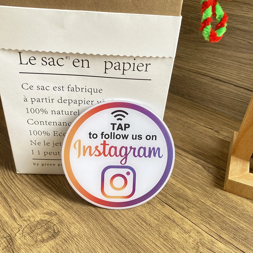 3,93 “10 cm NFC Tap Síguenos en Instagram Pegatina Círculo epoxi impermeable Placa de Instagram