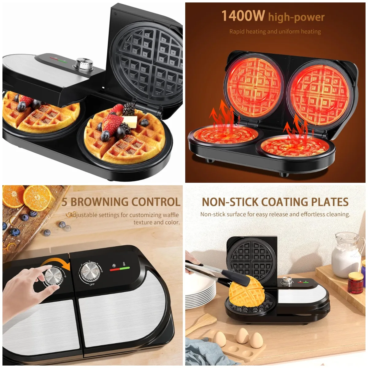 1400W Double Waffle Maker with Non Stick Coating