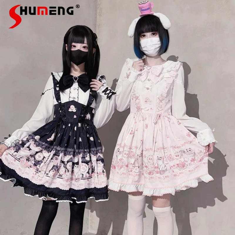 

Original Spring and Autumn Sweet Lolita Short Dress Op Japanese Mass-Produced Cute Bow Print Long Sleeve Dress Knitted Cardigan