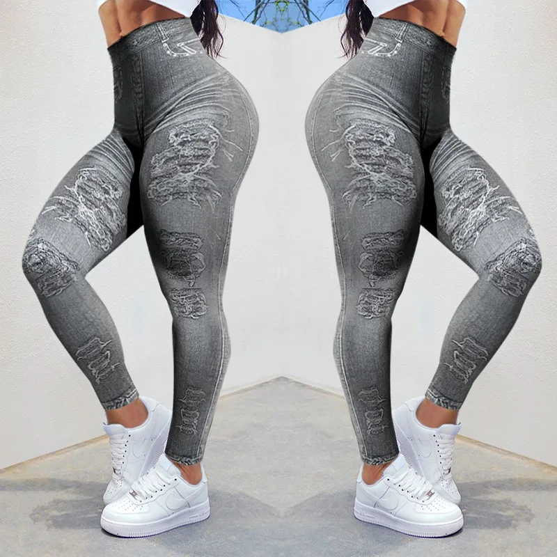 FCCEXIO Grey Distressed Patch Denim Print Women Sports Leggings High Waist Running Sexy Tight Fitness Workout Yoga Gym Push Up