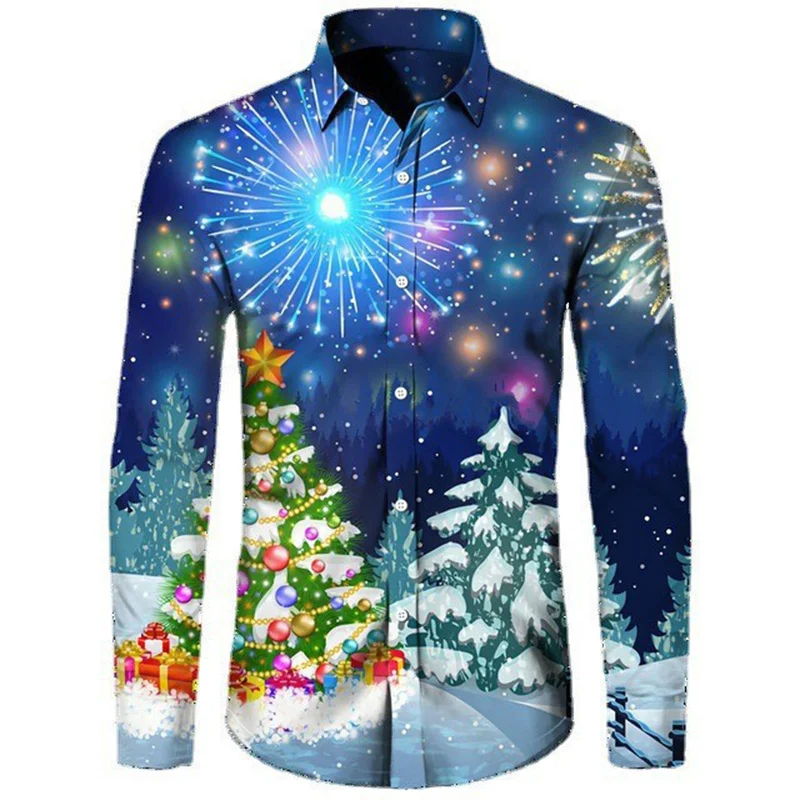 Merry Christmas Tree Pattern Hawaiian Shirts For Men Fireworks 3D Printed Blouse Casual Loose Aloha Shirts Long Sleeves Tops