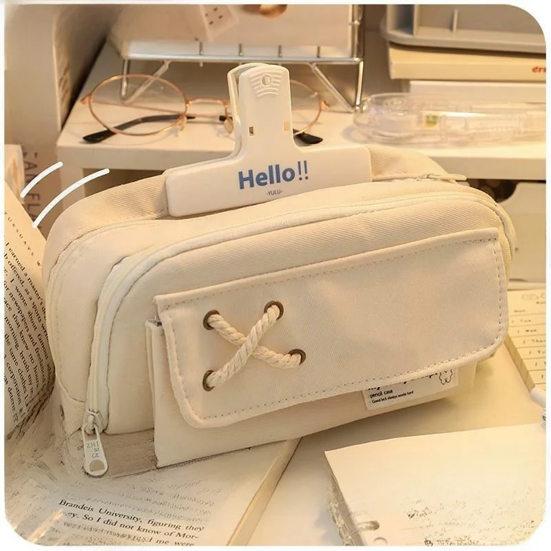 High Capacity Pencil Case Simple Japanese Style 2026 New Stationery Box for Girls Primary And High School Students Cotton Fabric