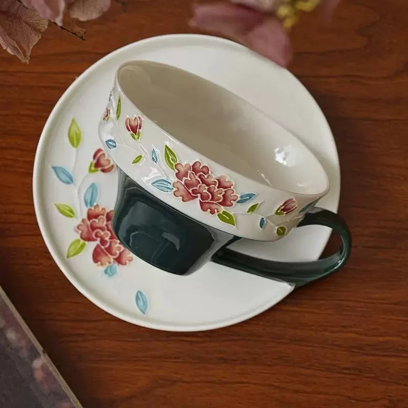 Hand Drawn Peony Ceramic Cups and Plates, Coffee Latte Cups, Afternoon Tea, New Chinese Style Gifts, Dining Table Decoration