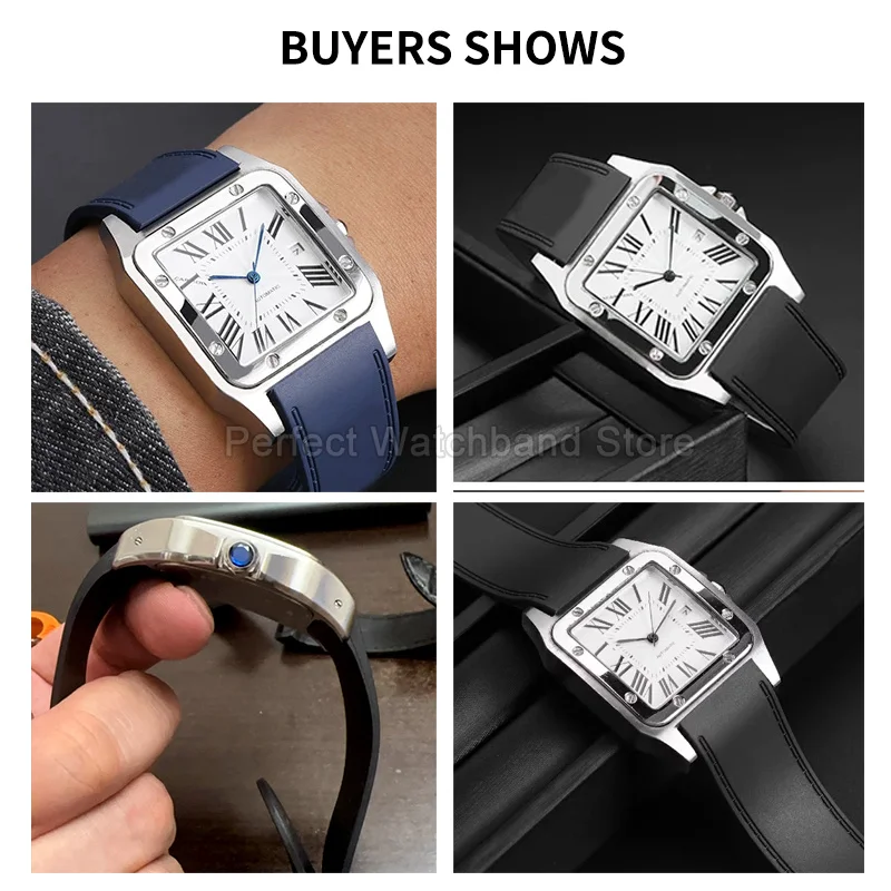 Lightweight Comfortable-Wearing Soft Rubber Watchband for Cartier Santos Sandoz 100 Watch Strap Folding Buckle 23mm 25mm