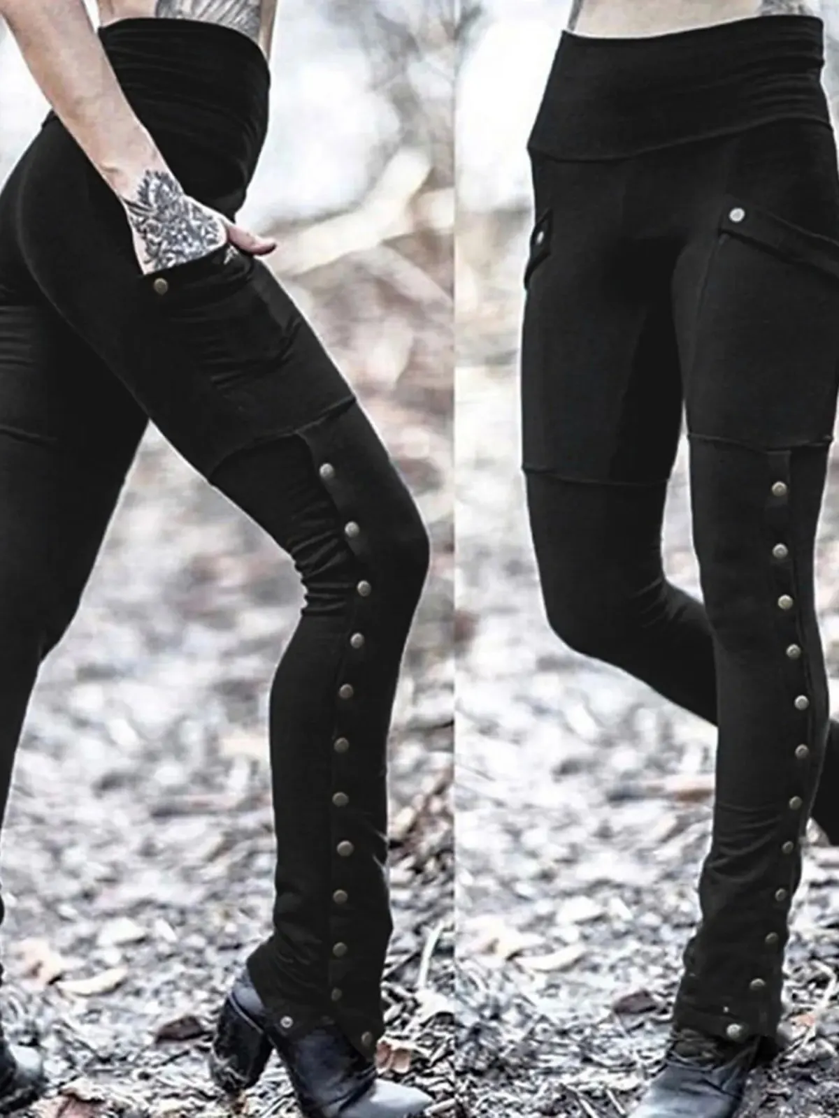 Women's Rivet Slit Slim Long Leg Pants Street Style Bootcut Trousers Elastic Waist Polyester Fiber No Brand Registered Trademark