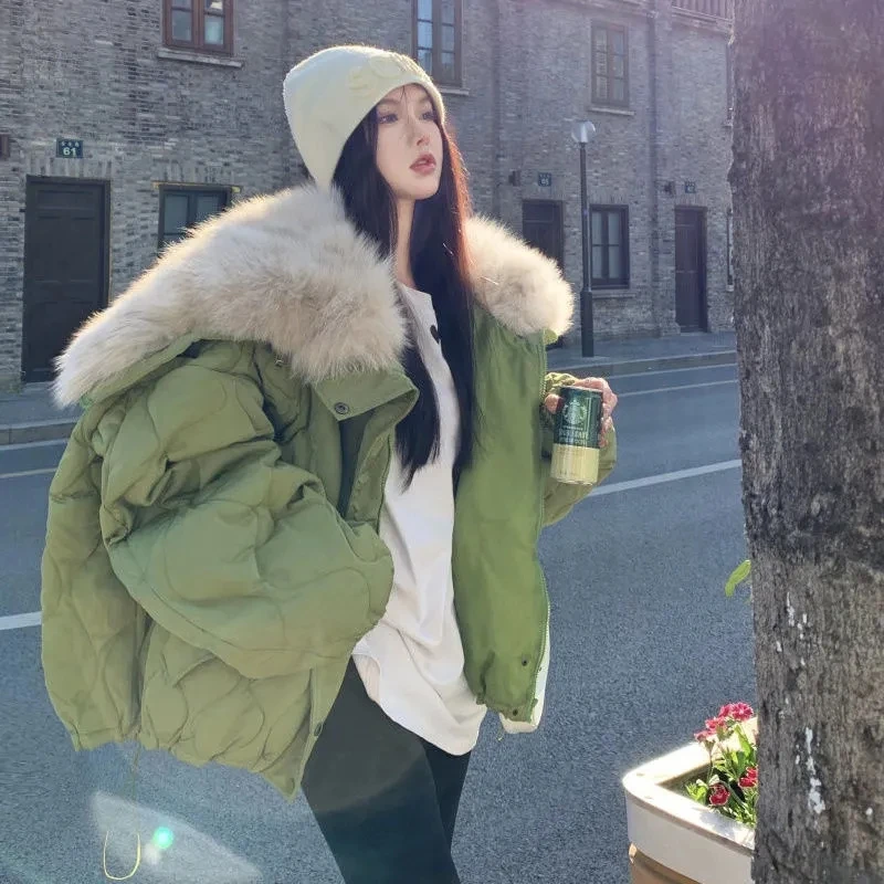 Women Big Fur Collar Down Snow Jacket Winter Pocket Coat Warm Parkas Snow Outwear Oversized Long Winter Jacket