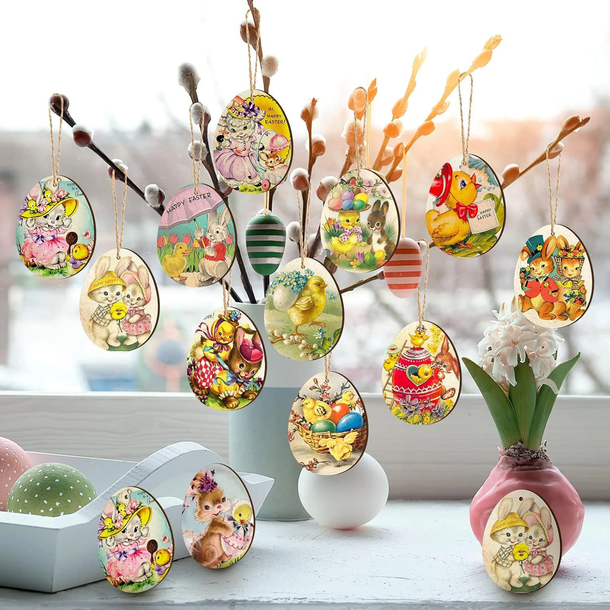 Juego de 6 adornos rústicos de madera para huevos de Pascua, decoraciones colgantes de árbol de primavera hechas a mano para decoración de fiesta en casa de granja