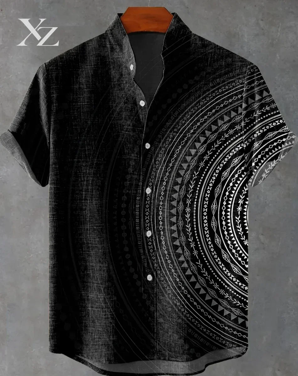 New Linen Men's Summer Ancient Tribal Totem Print Linen Short Sleeve Shirt Comfortable Casual Button Top Suitable for Street Wea