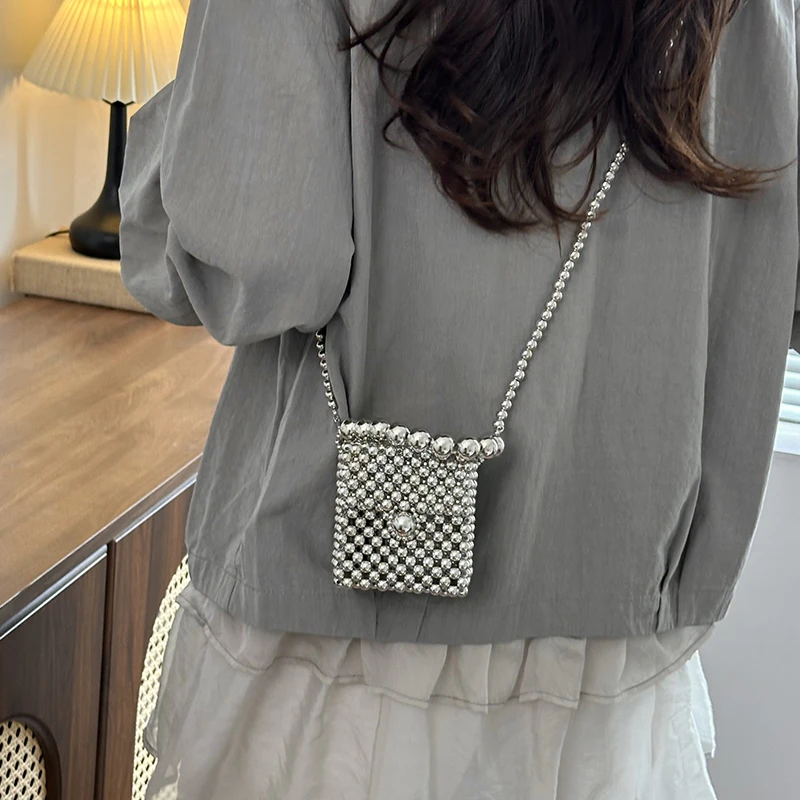 Elegant White Silver Beaded Small Square Clutch Bag Removable Pearl Chain Strap Women Evening Handbag