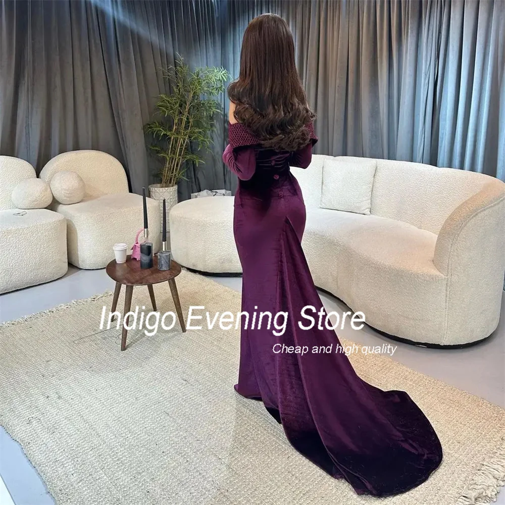 Indigo Mermaid Prom Dresses Strapless Long Sleeve Open Back Velvet Elegant Evening Gowns For Women 2024 Sweep Train فساتين الس