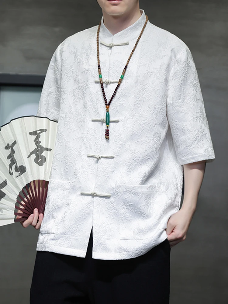 

Новая китайская мужская рубашка с коротким рукавом, вышивкой и пуговицами, модная молодежная летняя одежда, приталенный крой, на пяти пуговицах
