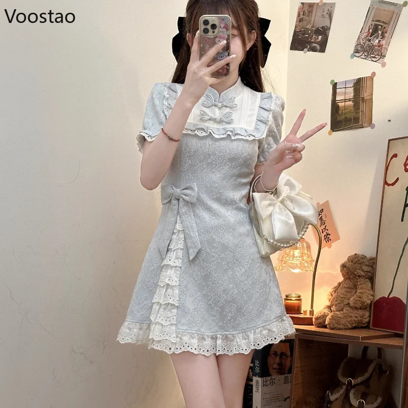 Blue Sweet New Chinese Style Lolita Mini Dress Women Elegant Vintage Bow Lace Ruffles Party Dresses Female Casual Slim Cheongsam