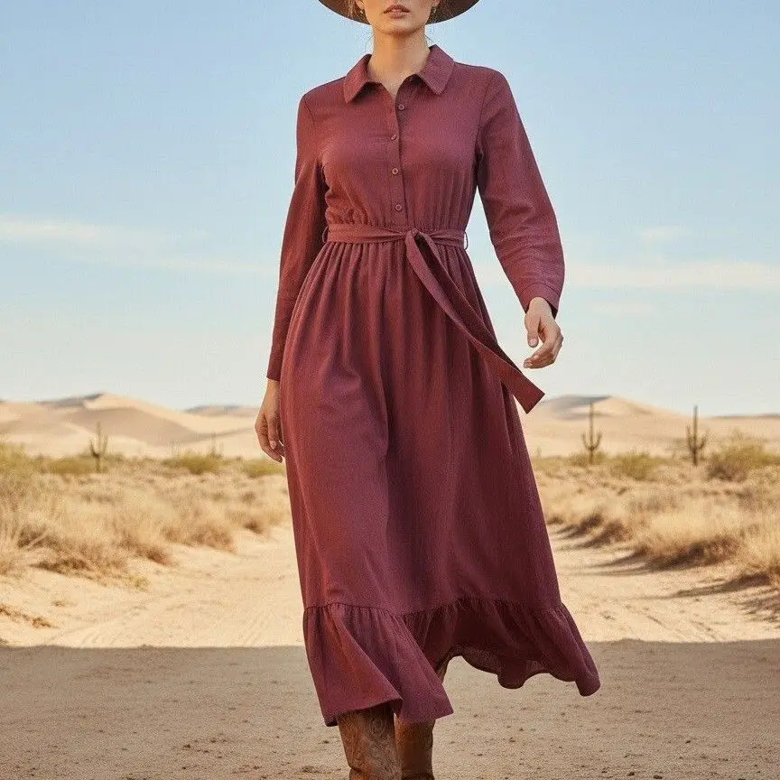 

Fashionable Bohemian Long Sleeve Cotton Linen Dress Elegant Princess Style Long Dress Commute Style Loose Waist Tourist Dress