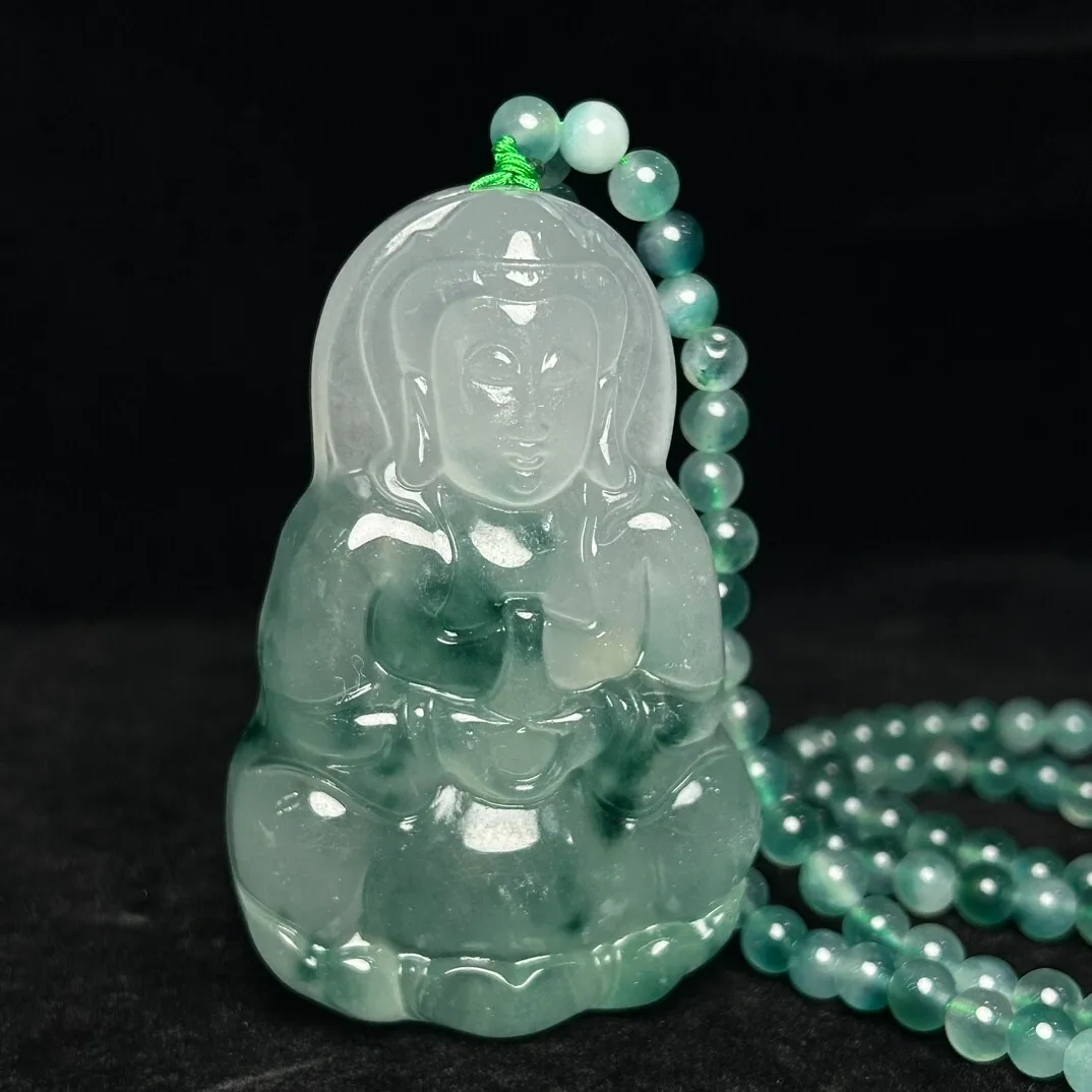 Nature ice Green Burmese jade Jadeite Carved kwan-yin lucky Pendant&Necklaces
