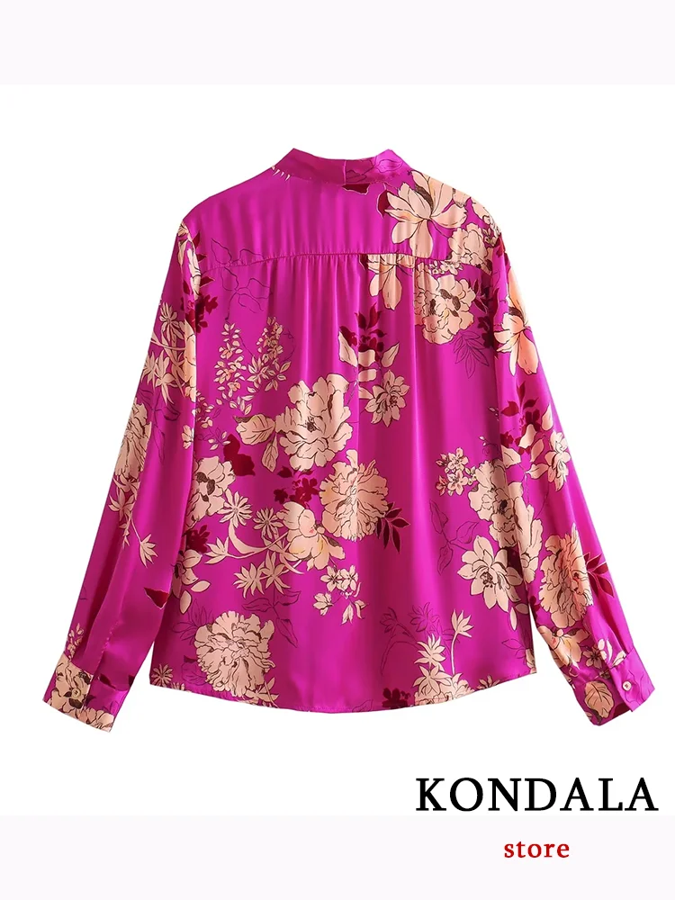 KONDALA Vintage Flower Print Women Blouse Long Sleeve Bow Rosered Loose Blouse Fashion 2023 Autumn Shirts Boho Women Tops